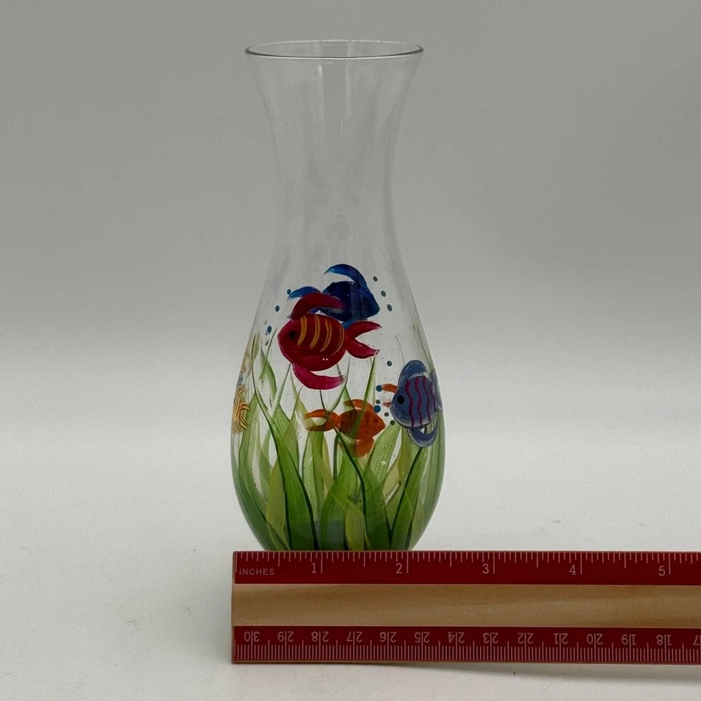Hand Painted Tropical Fish Glass Vase Coastal Underwater Scene Blue Base 7.5